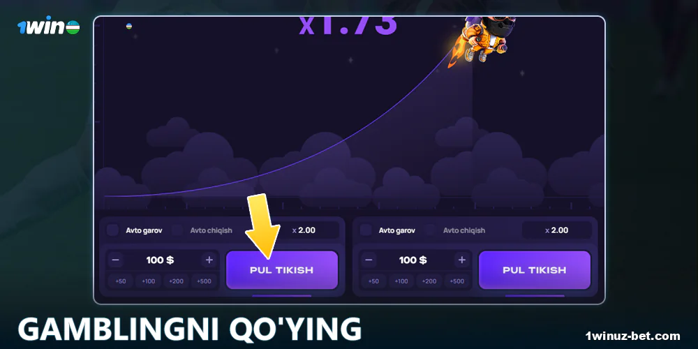 1Win O'zbekistondagi Lucky Jet o'yinida pul tikish.